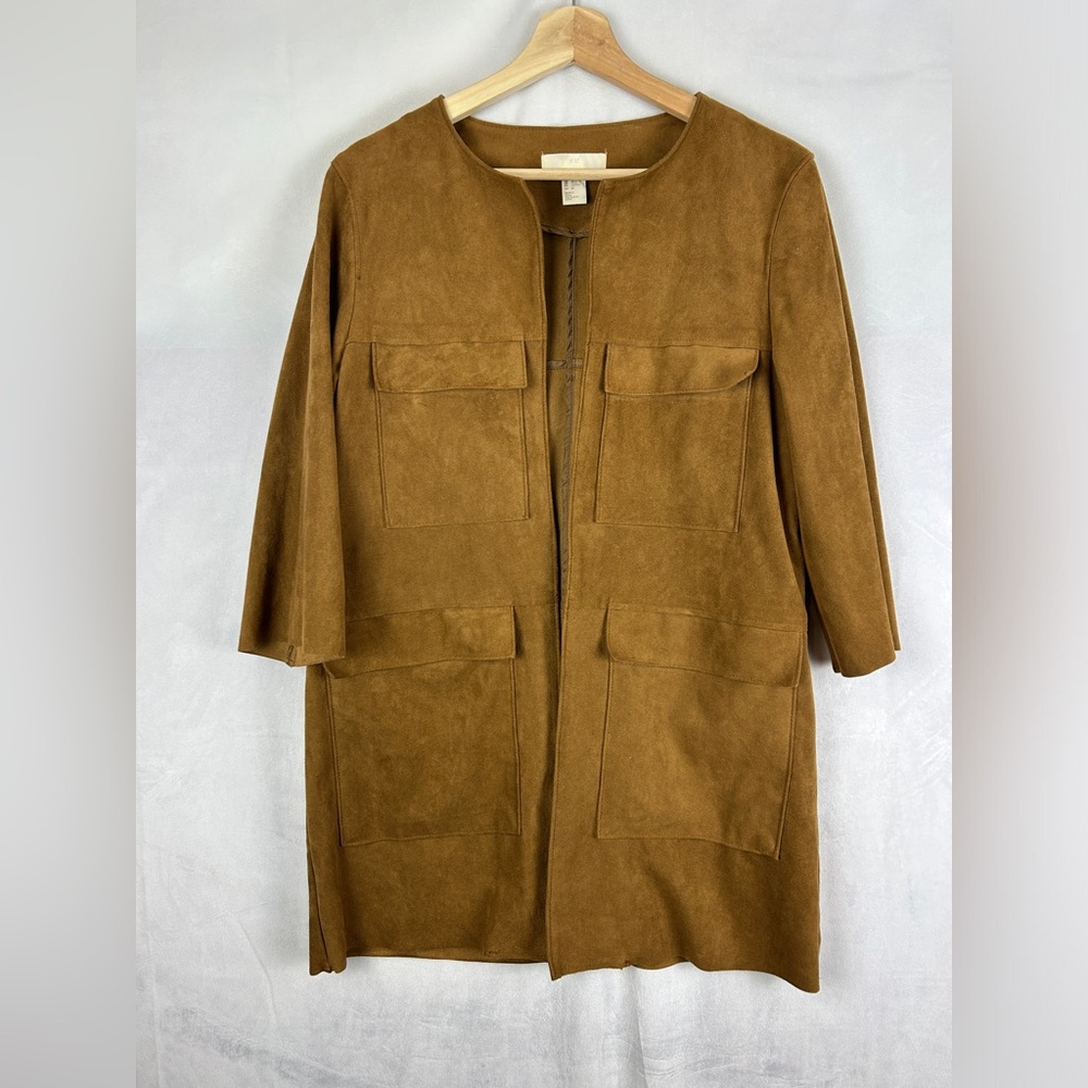 H&M Brown Faux Suede Open Front Jacket Size 10 Pockets Neutral Fall‎ Autumn